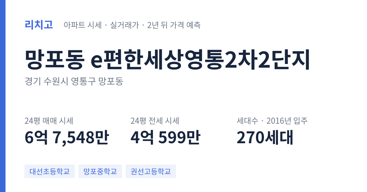 e편한세상영통2차2단지 아파트 요약 카드 — 대표 평형 매매·전세 시세, 세대수, 입주 연도