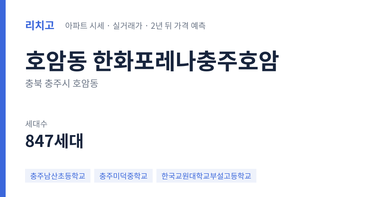 한화포레나충주호암 아파트 요약 카드 — 대표 평형 매매·전세 시세, 세대수, 입주 연도