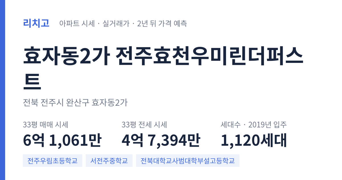 전주효천우미린더퍼스트 아파트 요약 카드 — 대표 평형 매매·전세 시세, 세대수, 입주 연도