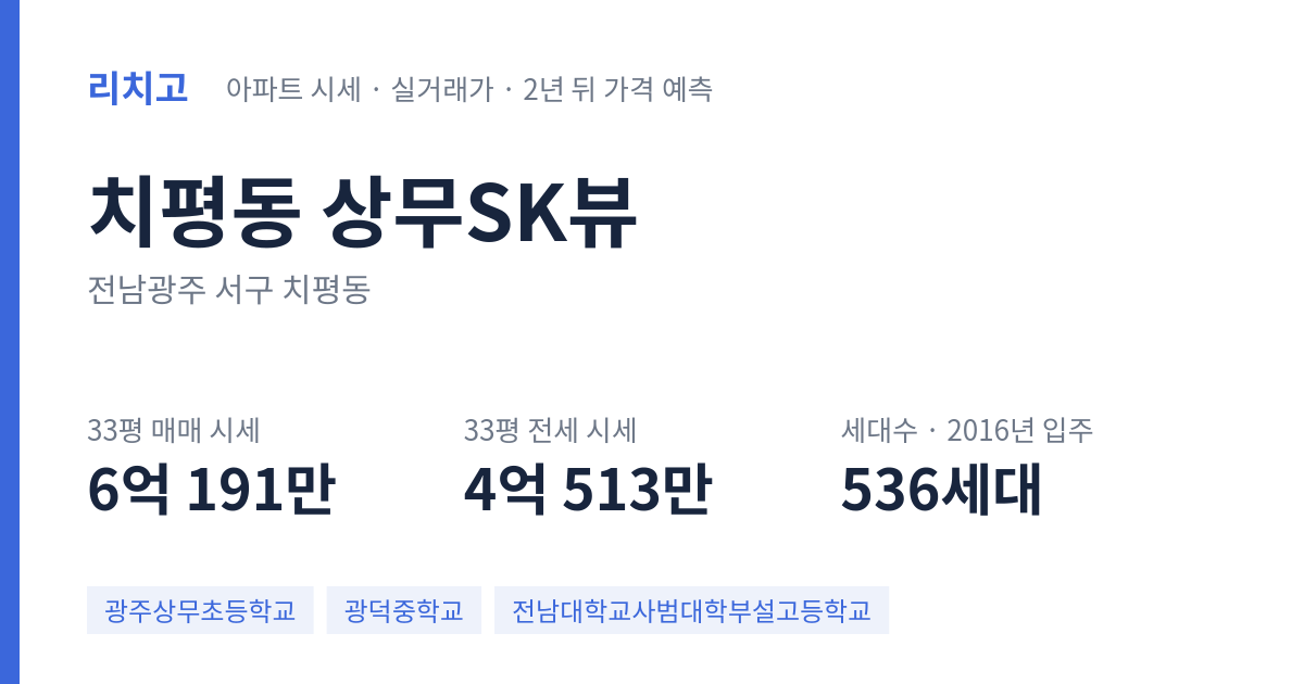 상무SK뷰 아파트 요약 카드 — 대표 평형 매매·전세 시세, 세대수, 입주 연도