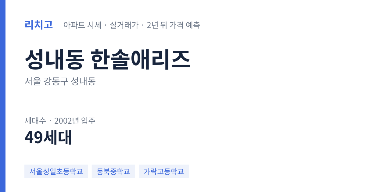 한솔애리즈 아파트 요약 카드 — 대표 평형 매매·전세 시세, 세대수, 입주 연도