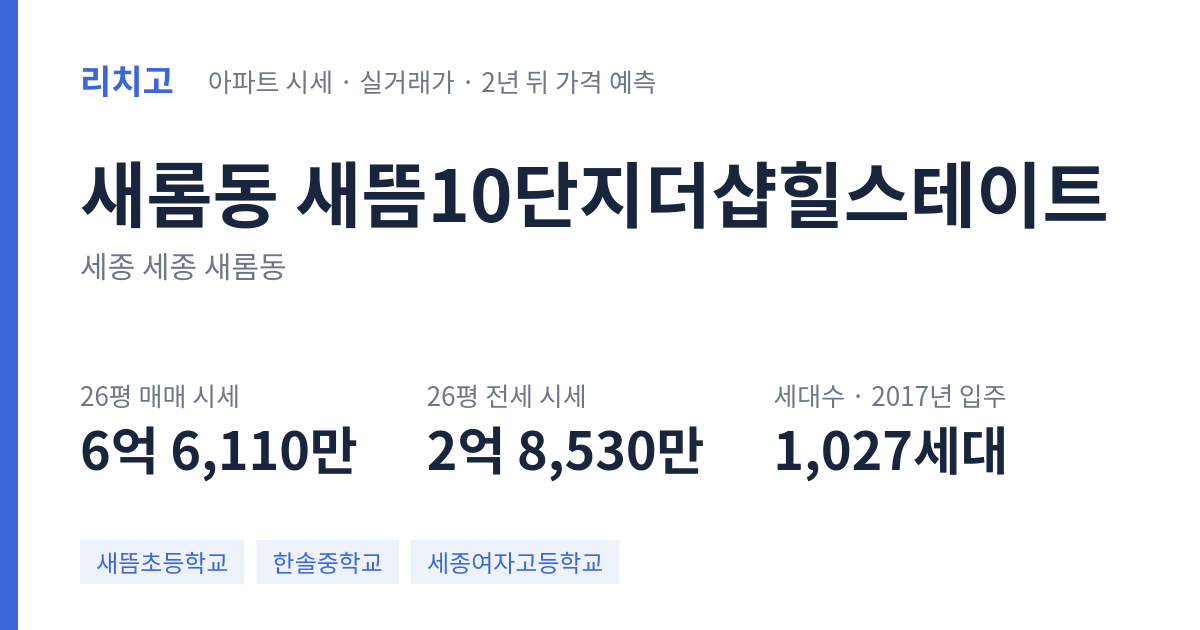 새뜸10단지더샵힐스테이트 아파트 요약 카드 — 대표 평형 매매·전세 시세, 세대수, 입주 연도