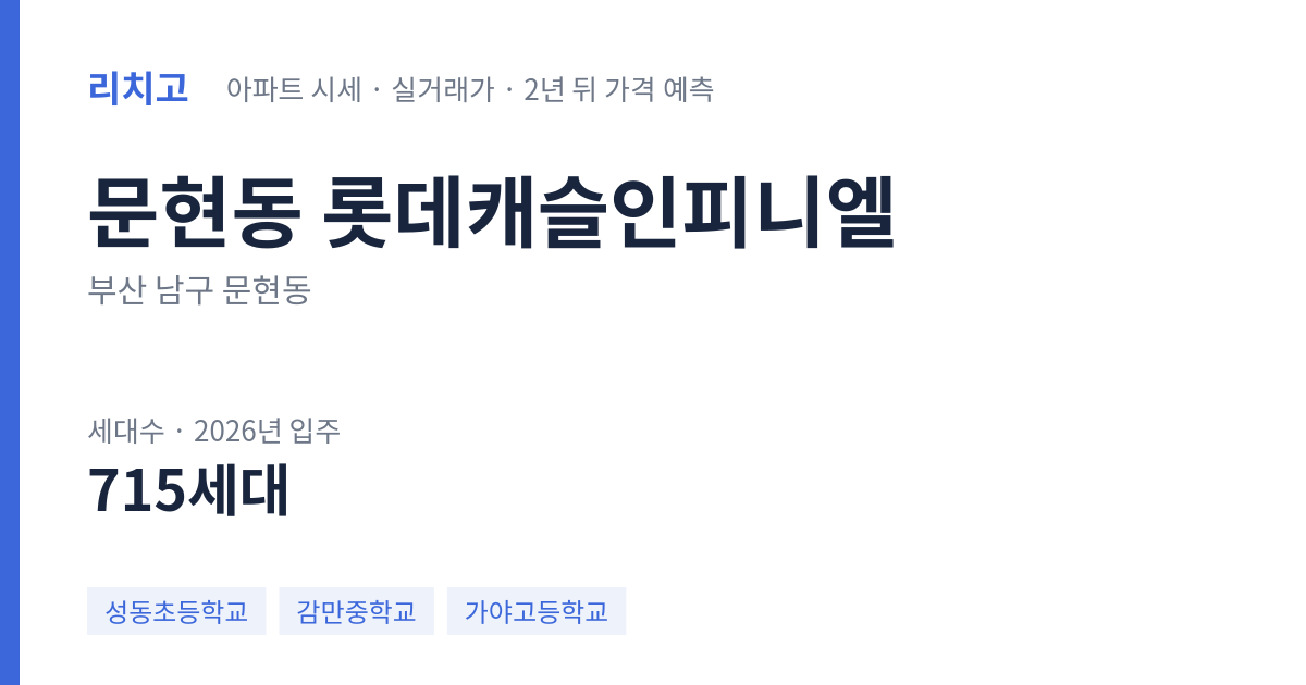 롯데캐슬인피니엘 아파트 요약 카드 — 대표 평형 매매·전세 시세, 세대수, 입주 연도