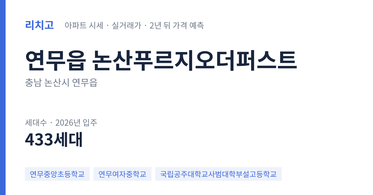 논산푸르지오더퍼스트 아파트 요약 카드 — 대표 평형 매매·전세 시세, 세대수, 입주 연도