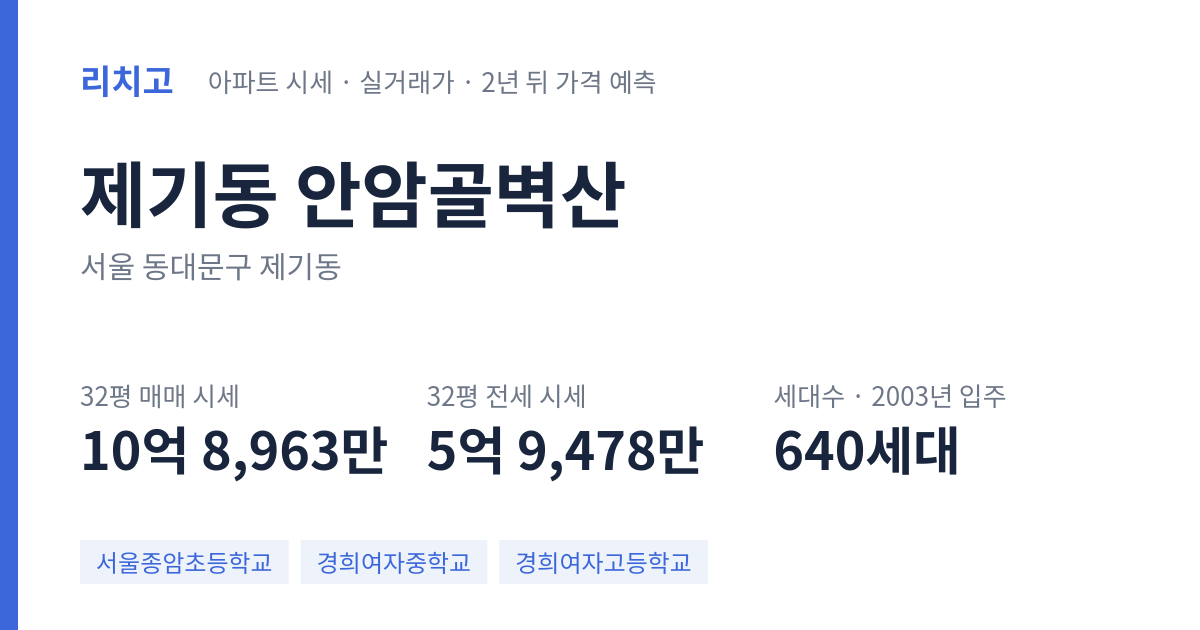 안암골벽산 아파트 요약 카드 — 대표 평형 매매·전세 시세, 세대수, 입주 연도