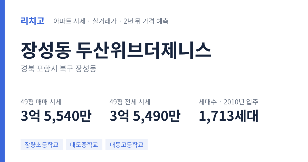 두산위브더제니스 아파트 요약 카드 — 대표 평형 매매·전세 시세, 세대수, 입주 연도