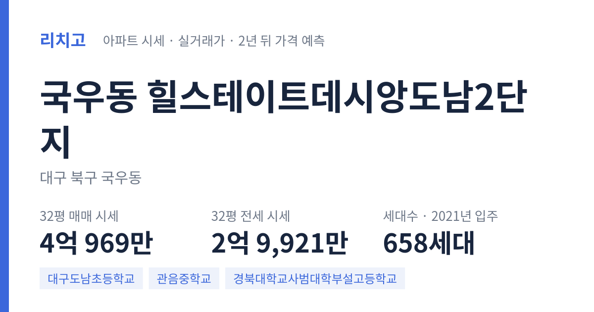 힐스테이트데시앙도남2단지 아파트 요약 카드 — 대표 평형 매매·전세 시세, 세대수, 입주 연도