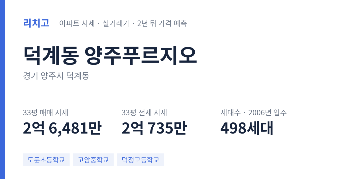 양주푸르지오 아파트 요약 카드 — 대표 평형 매매·전세 시세, 세대수, 입주 연도