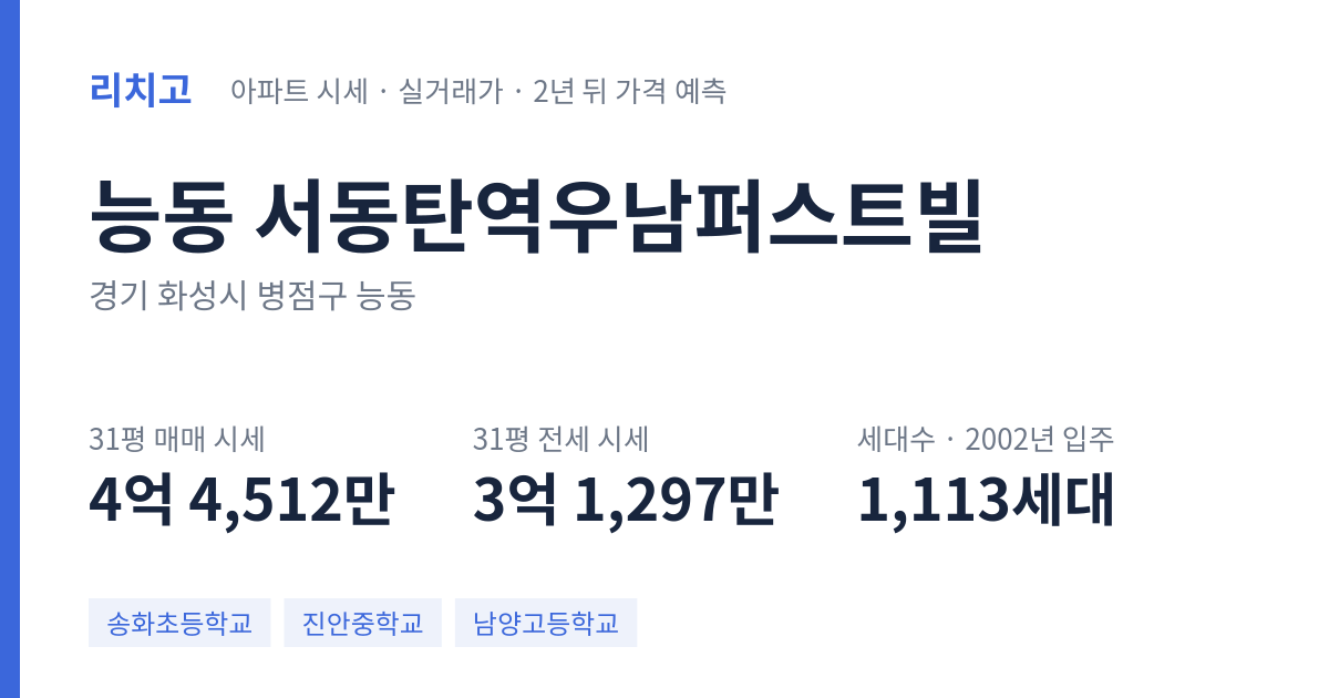 서동탄역우남퍼스트빌 아파트 요약 카드 — 대표 평형 매매·전세 시세, 세대수, 입주 연도