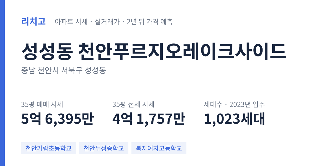 천안푸르지오레이크사이드 아파트 요약 카드 — 대표 평형 매매·전세 시세, 세대수, 입주 연도