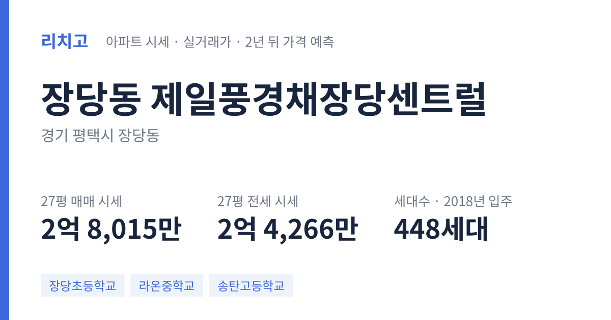 제일풍경채장당센트럴 아파트 요약 카드 — 대표 평형 매매·전세 시세, 세대수, 입주 연도