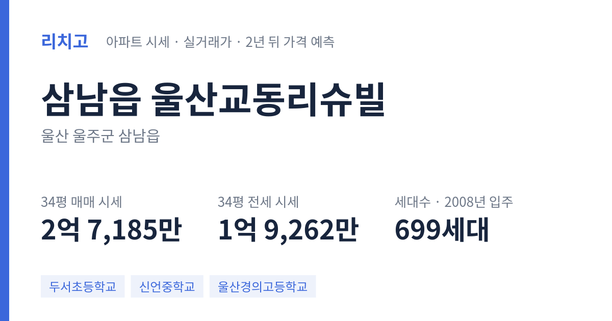 울산교동리슈빌 아파트 요약 카드 — 대표 평형 매매·전세 시세, 세대수, 입주 연도
