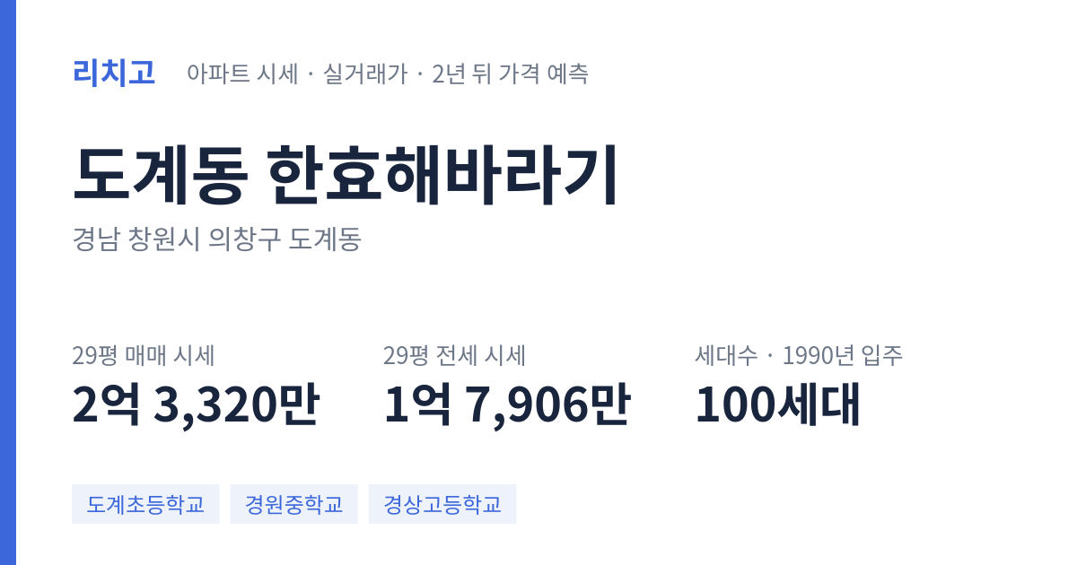 한효해바라기 아파트 요약 카드 — 대표 평형 매매·전세 시세, 세대수, 입주 연도