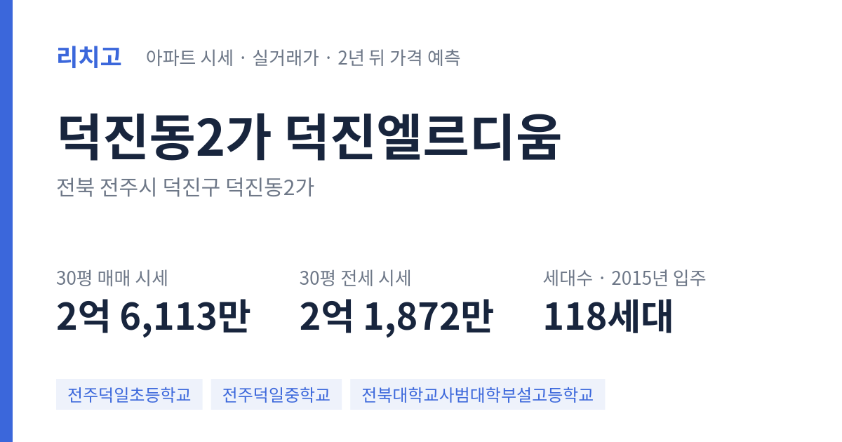 덕진엘르디움 아파트 요약 카드 — 대표 평형 매매·전세 시세, 세대수, 입주 연도