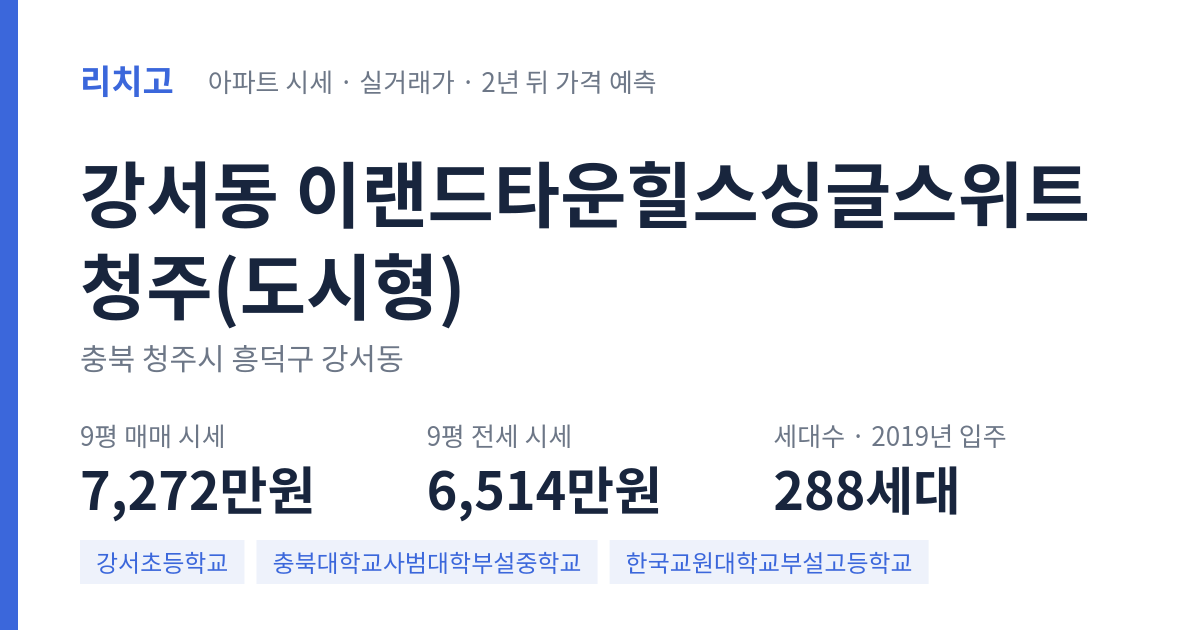 이랜드타운힐스싱글스위트청주(도시형) 아파트 요약 카드 — 대표 평형 매매·전세 시세, 세대수, 입주 연도