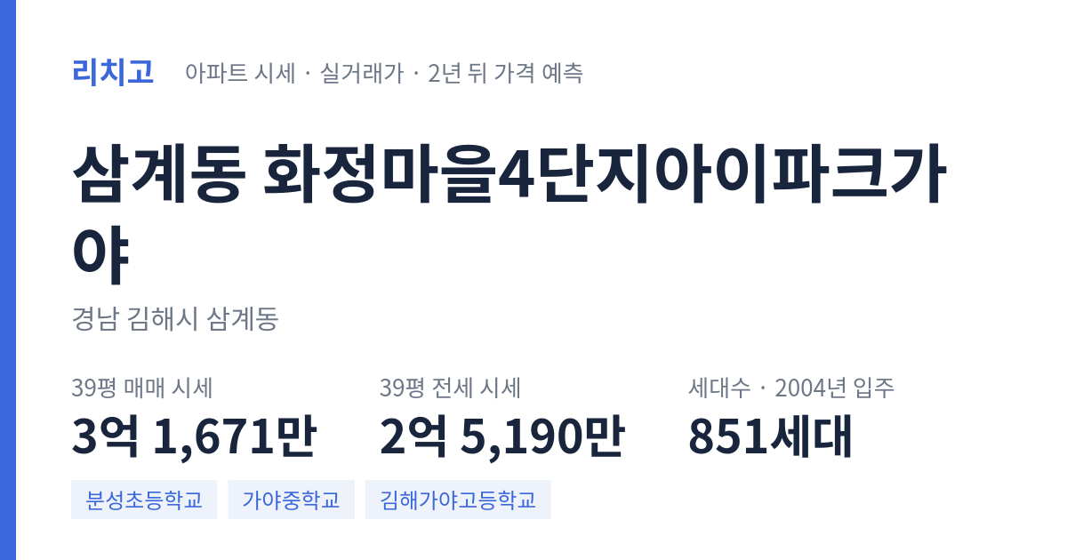 화정마을4단지아이파크가야 아파트 요약 카드 — 대표 평형 매매·전세 시세, 세대수, 입주 연도