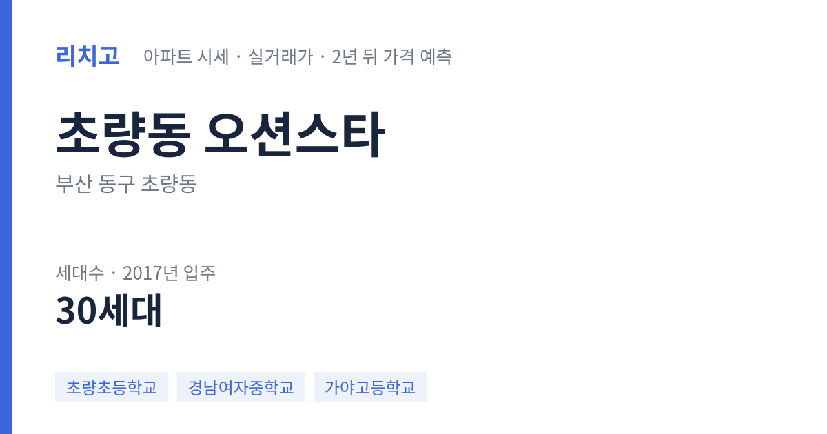 오션스타 아파트 요약 카드 — 대표 평형 매매·전세 시세, 세대수, 입주 연도