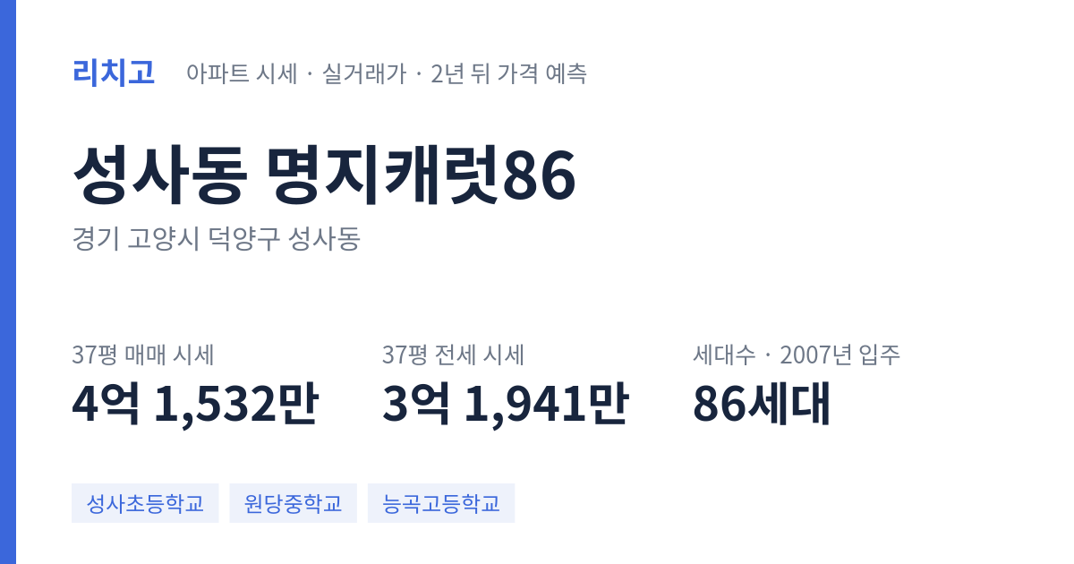 명지캐럿86 아파트 요약 카드 — 대표 평형 매매·전세 시세, 세대수, 입주 연도