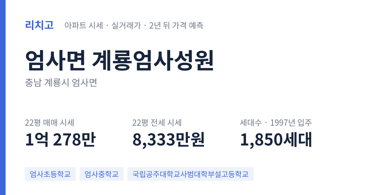 계룡엄사성원 아파트 요약 카드 — 대표 평형 매매·전세 시세, 세대수, 입주 연도
