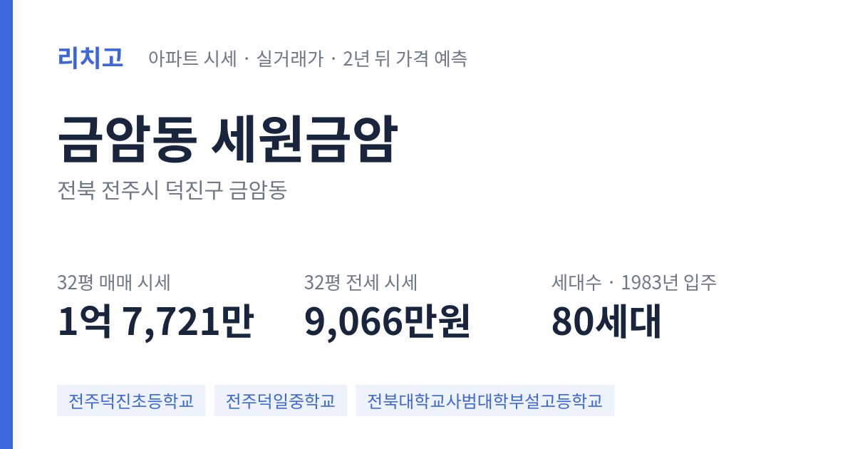 세원금암 아파트 요약 카드 — 대표 평형 매매·전세 시세, 세대수, 입주 연도