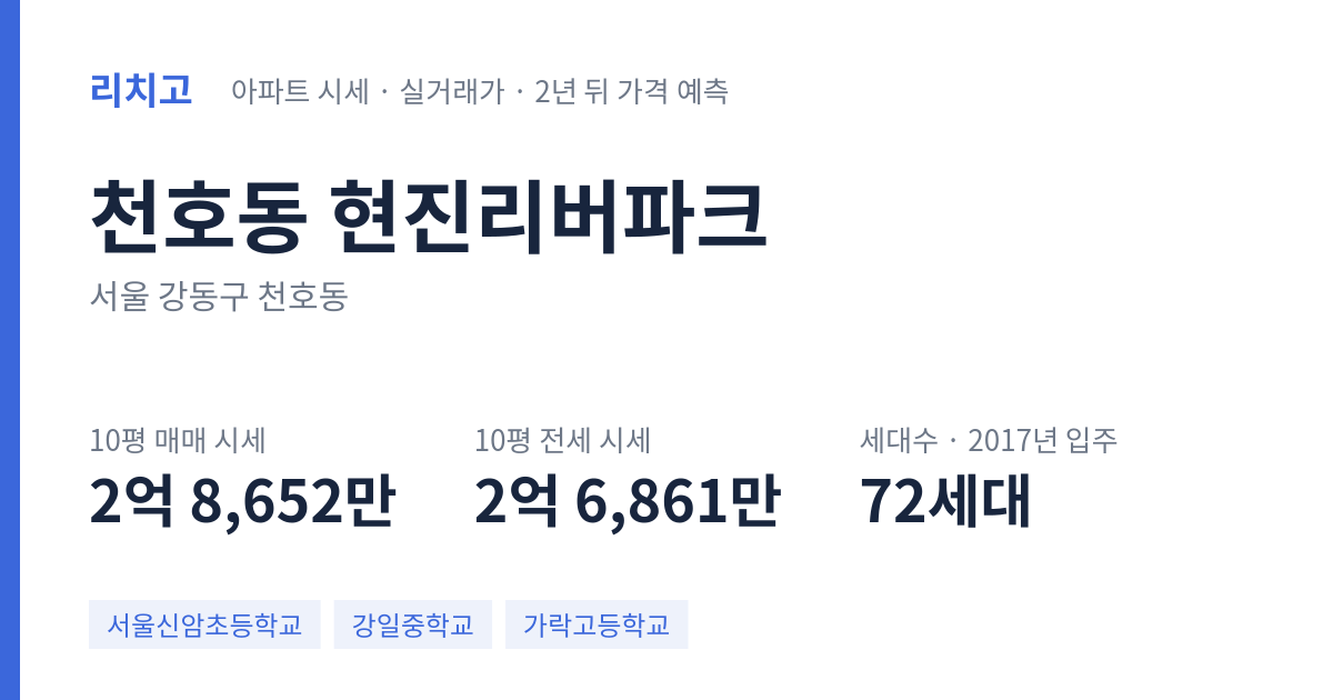 현진리버파크 아파트 요약 카드 — 대표 평형 매매·전세 시세, 세대수, 입주 연도