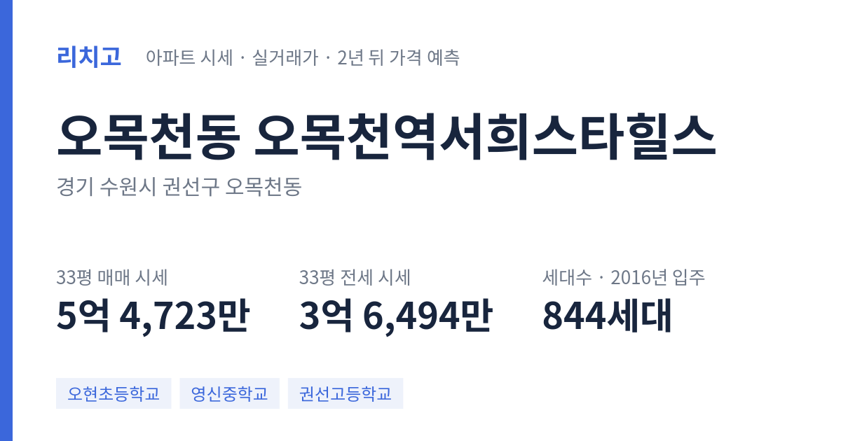오목천역서희스타힐스 아파트 요약 카드 — 대표 평형 매매·전세 시세, 세대수, 입주 연도