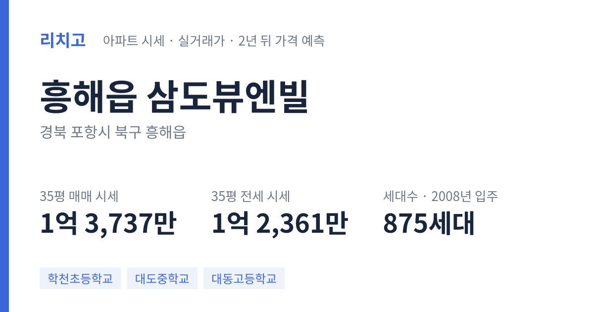 삼도뷰엔빌 아파트 요약 카드 — 대표 평형 매매·전세 시세, 세대수, 입주 연도