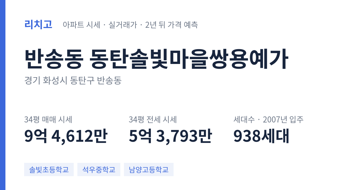 동탄솔빛마을쌍용예가 아파트 요약 카드 — 대표 평형 매매·전세 시세, 세대수, 입주 연도