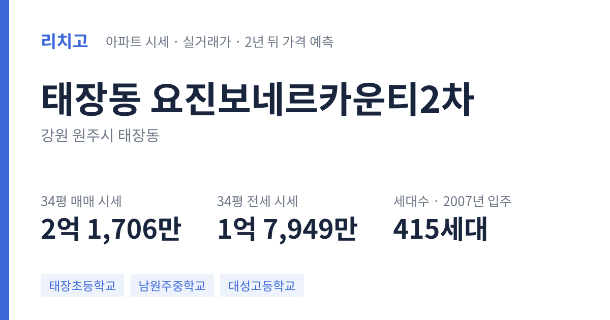 요진보네르카운티2차 아파트 요약 카드 — 대표 평형 매매·전세 시세, 세대수, 입주 연도
