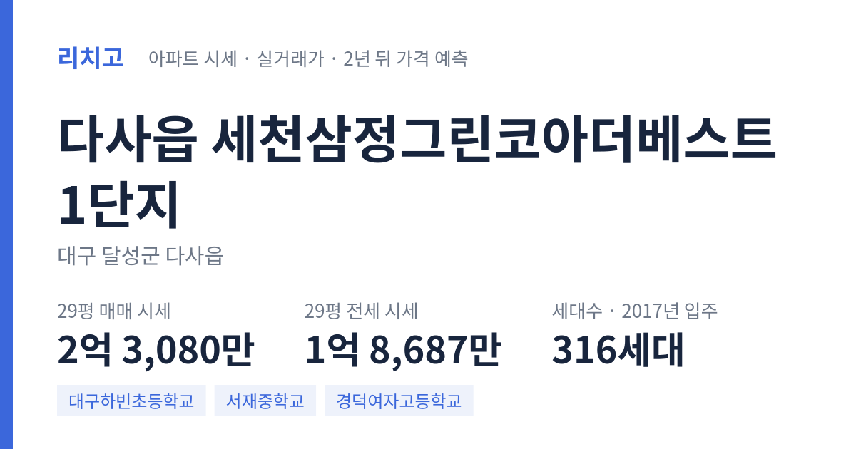 세천삼정그린코아더베스트1단지 아파트 요약 카드 — 대표 평형 매매·전세 시세, 세대수, 입주 연도