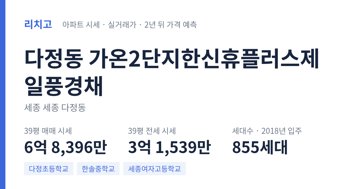 가온2단지한신휴플러스제일풍경채 아파트 요약 카드 — 대표 평형 매매·전세 시세, 세대수, 입주 연도