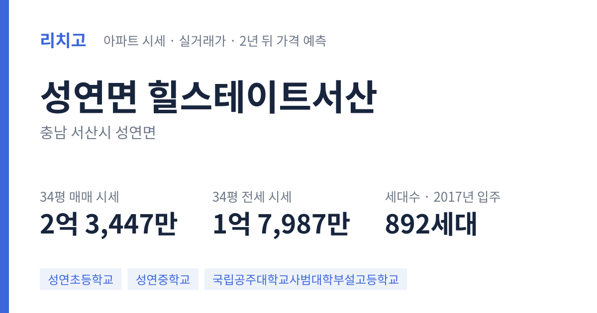 힐스테이트서산 아파트 요약 카드 — 대표 평형 매매·전세 시세, 세대수, 입주 연도