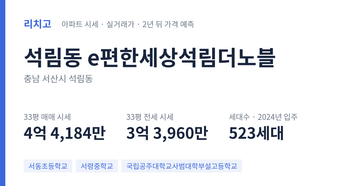 e편한세상석림더노블 아파트 요약 카드 — 대표 평형 매매·전세 시세, 세대수, 입주 연도