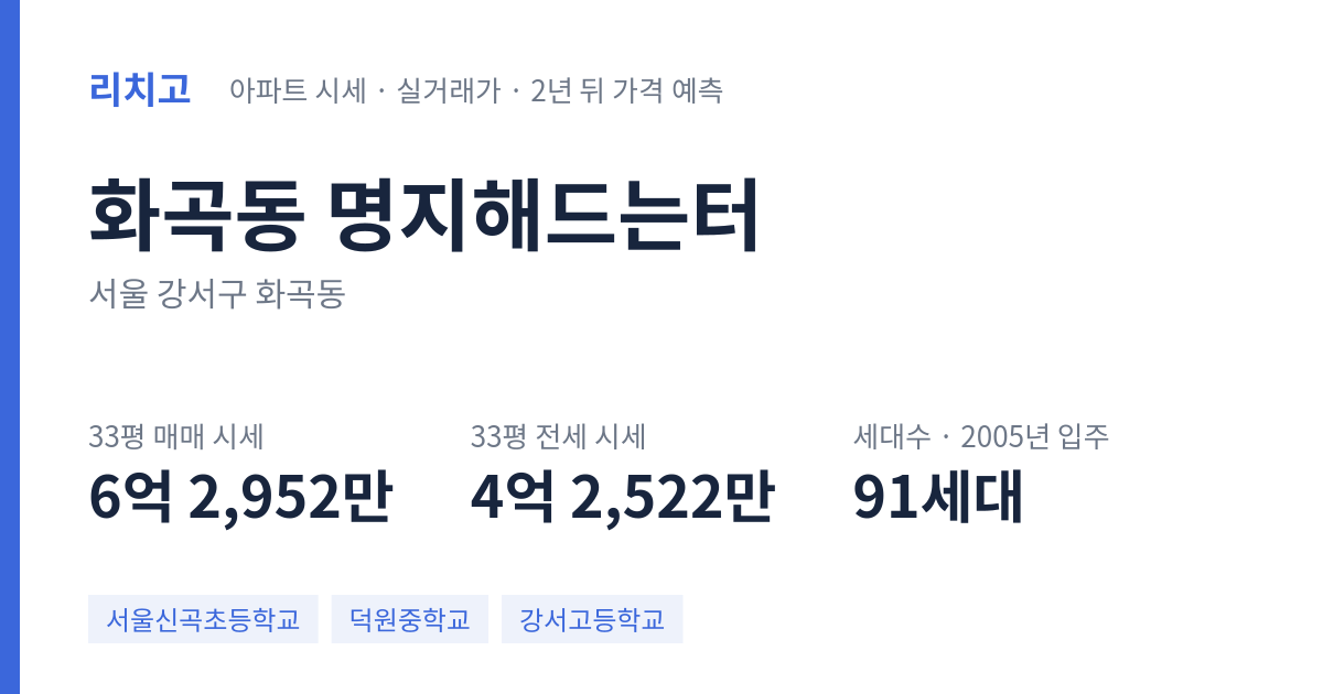 명지해드는터 아파트 요약 카드 — 대표 평형 매매·전세 시세, 세대수, 입주 연도
