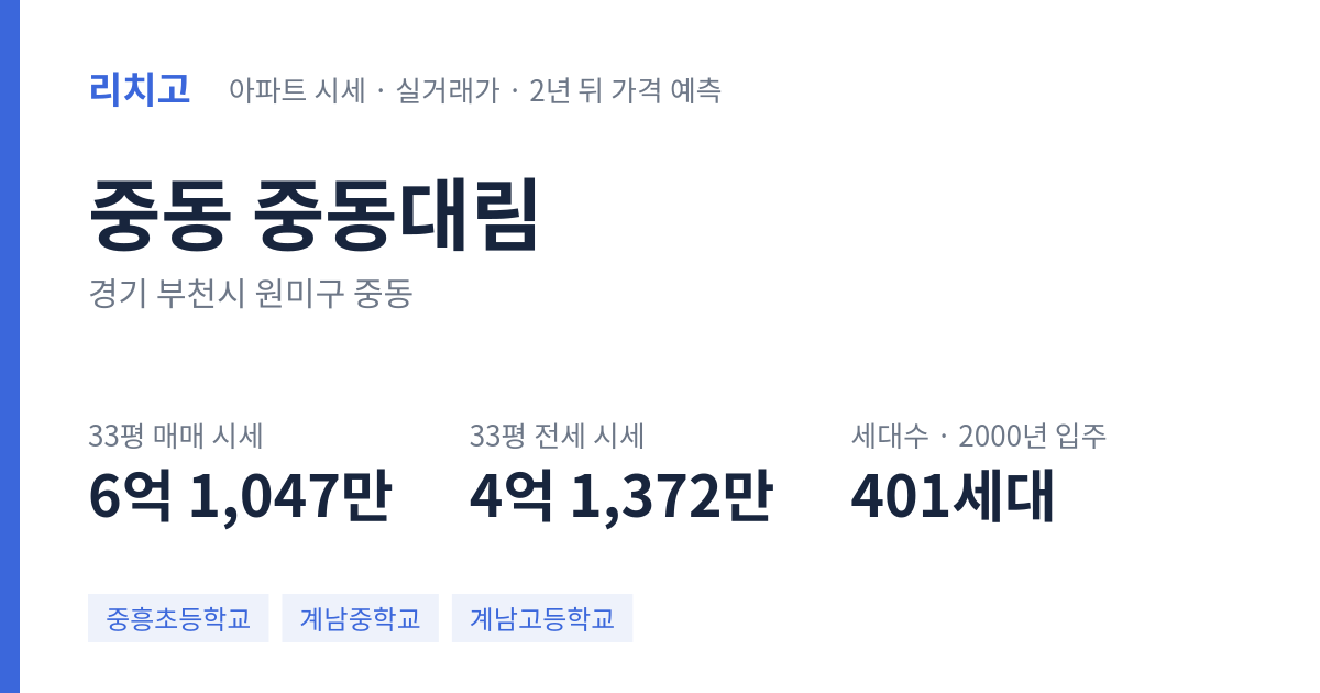 중동대림 아파트 요약 카드 — 대표 평형 매매·전세 시세, 세대수, 입주 연도
