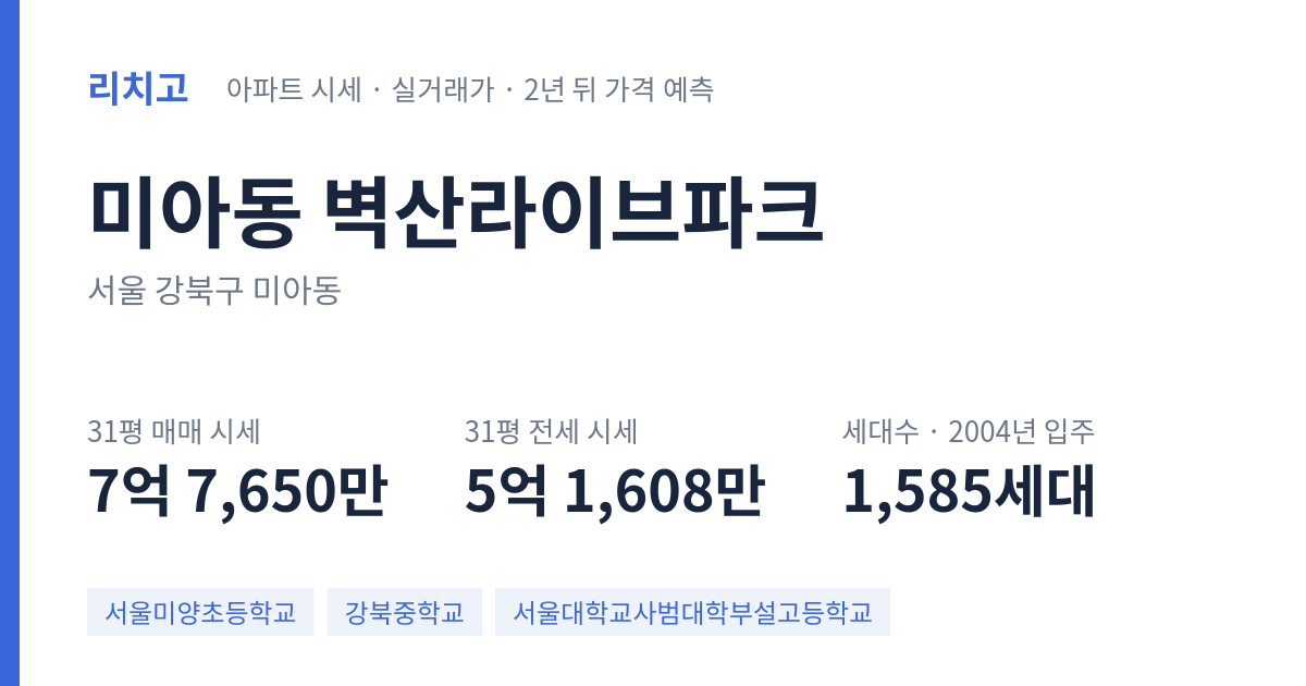 벽산라이브파크 아파트 요약 카드 — 대표 평형 매매·전세 시세, 세대수, 입주 연도