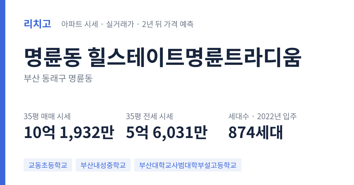 힐스테이트명륜트라디움 아파트 요약 카드 — 대표 평형 매매·전세 시세, 세대수, 입주 연도