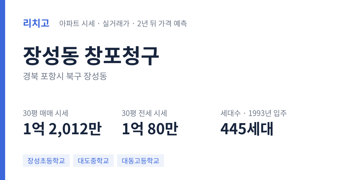 창포청구 아파트 요약 카드 — 대표 평형 매매·전세 시세, 세대수, 입주 연도