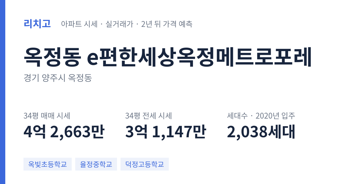 e편한세상옥정메트로포레 아파트 요약 카드 — 대표 평형 매매·전세 시세, 세대수, 입주 연도