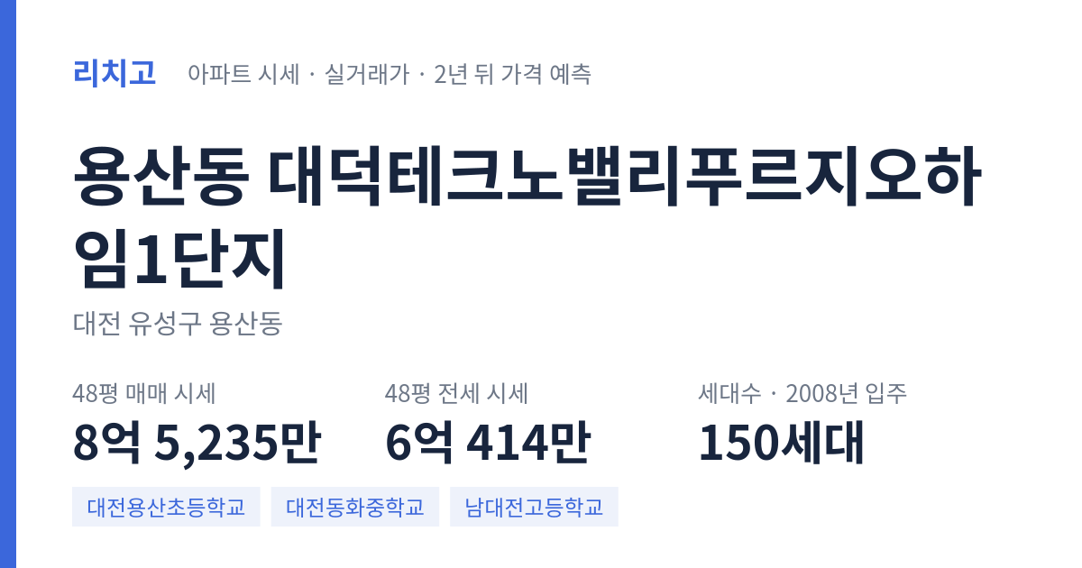 대덕테크노밸리푸르지오하임1단지 아파트 요약 카드 — 대표 평형 매매·전세 시세, 세대수, 입주 연도
