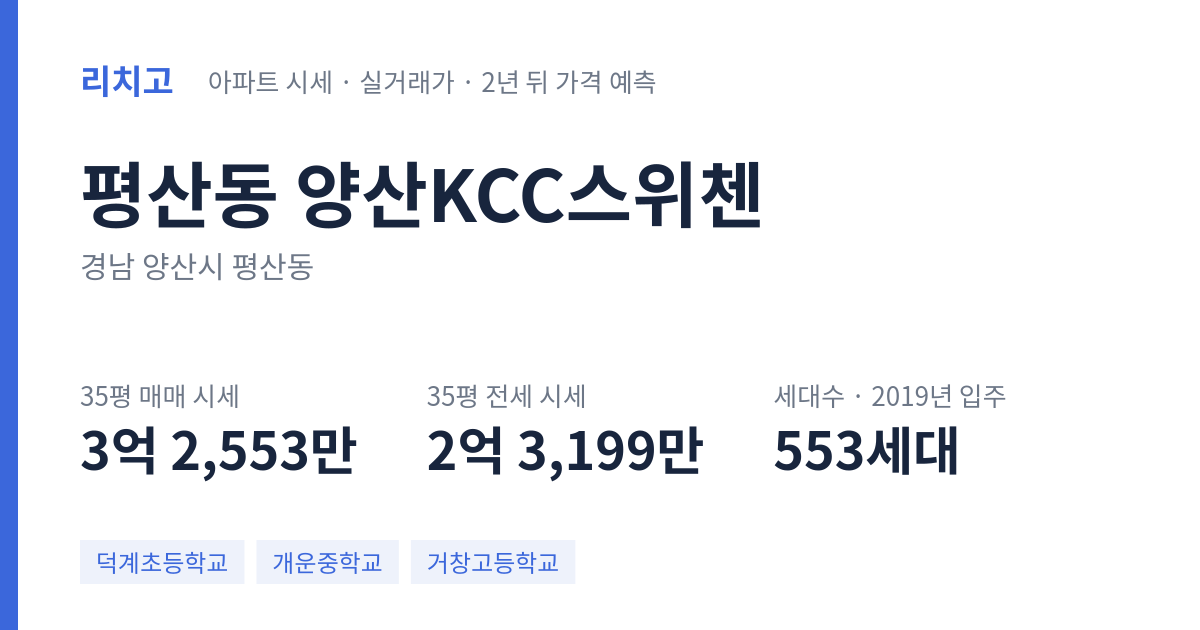 양산KCC스위첸 아파트 요약 카드 — 대표 평형 매매·전세 시세, 세대수, 입주 연도
