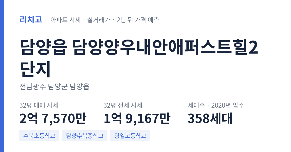 담양양우내안애퍼스트힐2단지 아파트 요약 카드 — 대표 평형 매매·전세 시세, 세대수, 입주 연도