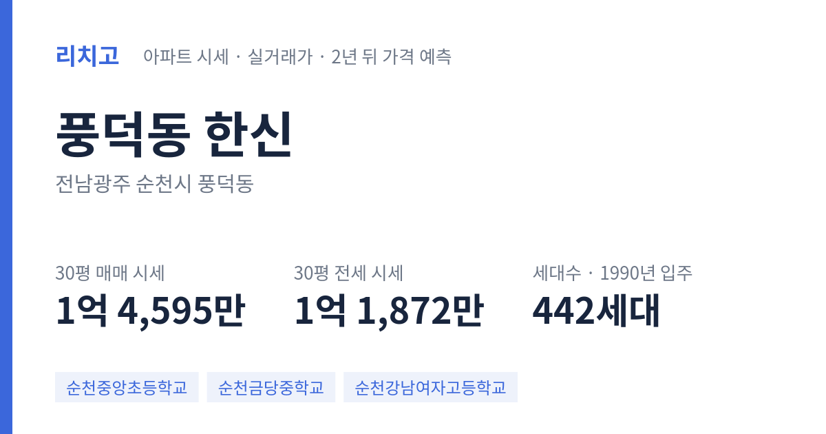 한신 아파트 요약 카드 — 대표 평형 매매·전세 시세, 세대수, 입주 연도