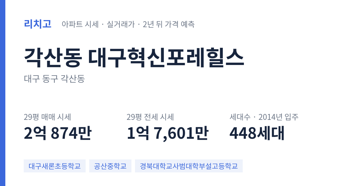 대구혁신포레힐스 아파트 요약 카드 — 대표 평형 매매·전세 시세, 세대수, 입주 연도