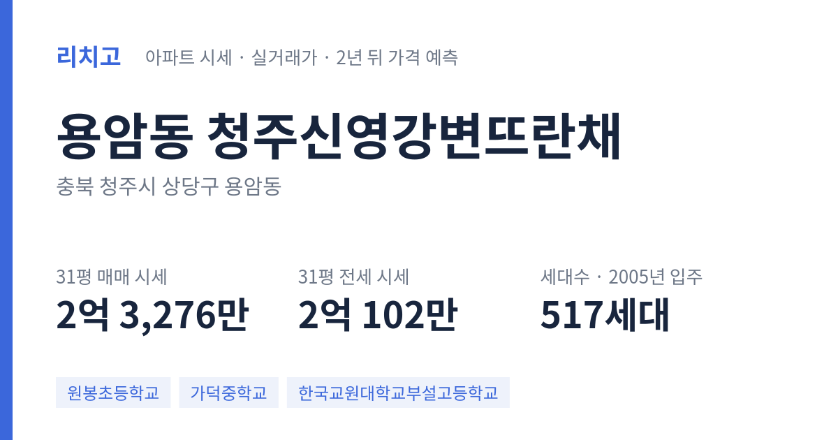 청주신영강변뜨란채 아파트 요약 카드 — 대표 평형 매매·전세 시세, 세대수, 입주 연도