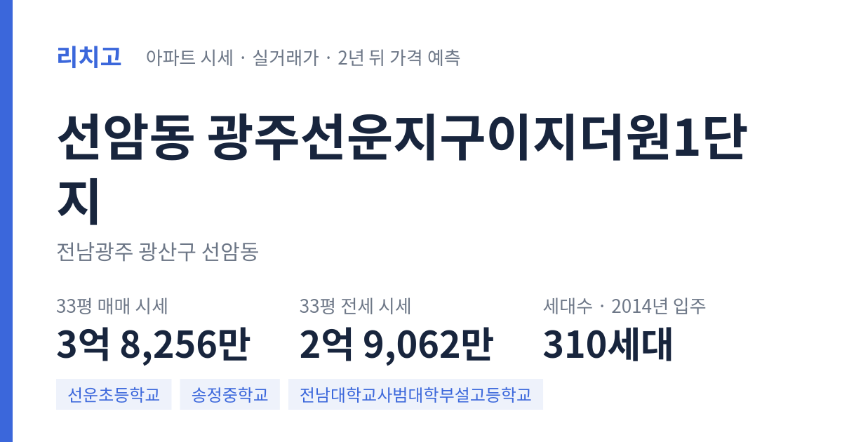 광주선운지구이지더원1단지 아파트 요약 카드 — 대표 평형 매매·전세 시세, 세대수, 입주 연도