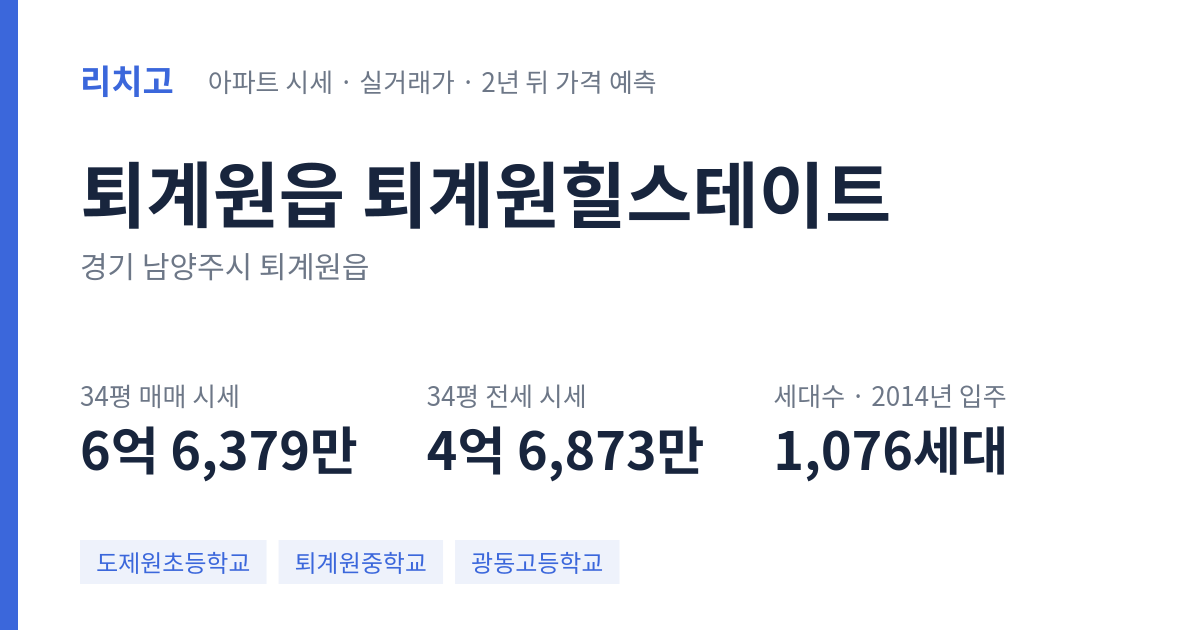 퇴계원힐스테이트 아파트 요약 카드 — 대표 평형 매매·전세 시세, 세대수, 입주 연도
