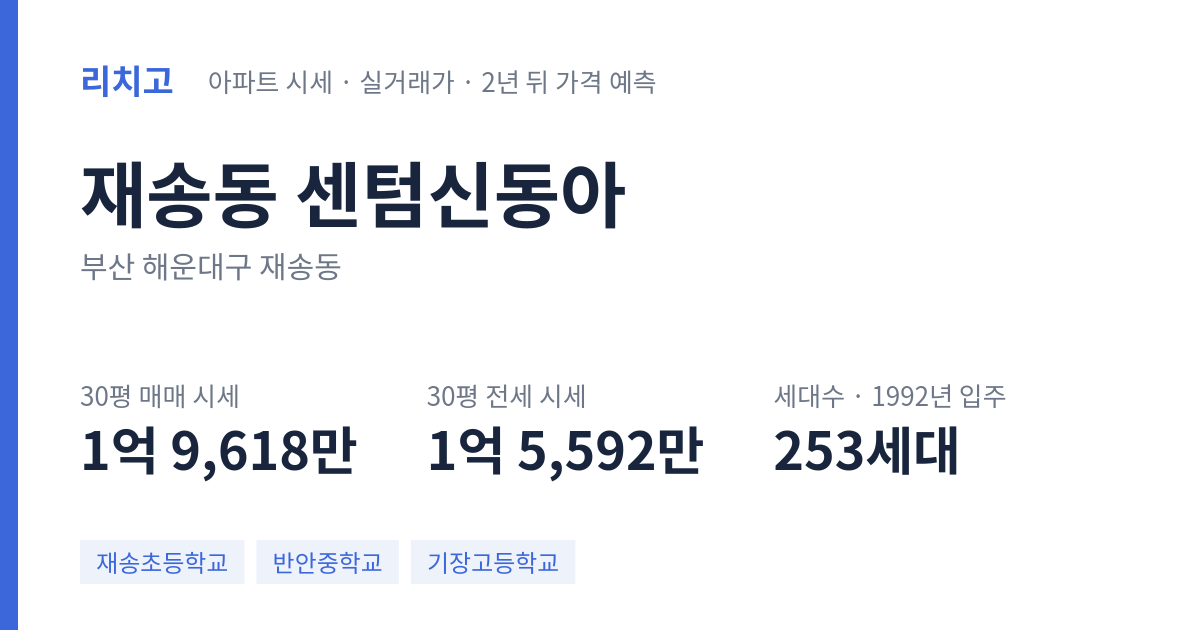 센텀신동아 아파트 요약 카드 — 대표 평형 매매·전세 시세, 세대수, 입주 연도