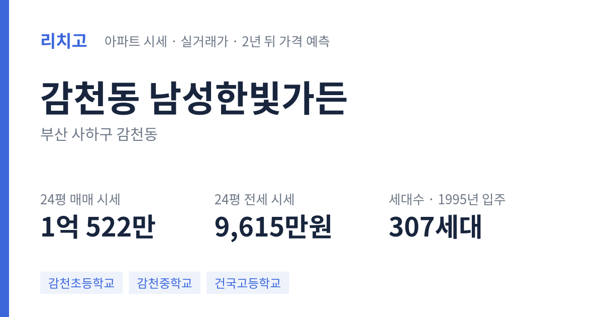 남성한빛가든 아파트 요약 카드 — 대표 평형 매매·전세 시세, 세대수, 입주 연도