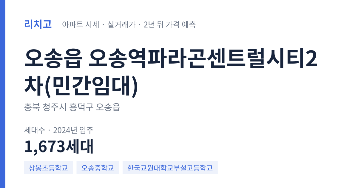 오송역파라곤센트럴시티2차(민간임대) 아파트 요약 카드 — 대표 평형 매매·전세 시세, 세대수, 입주 연도